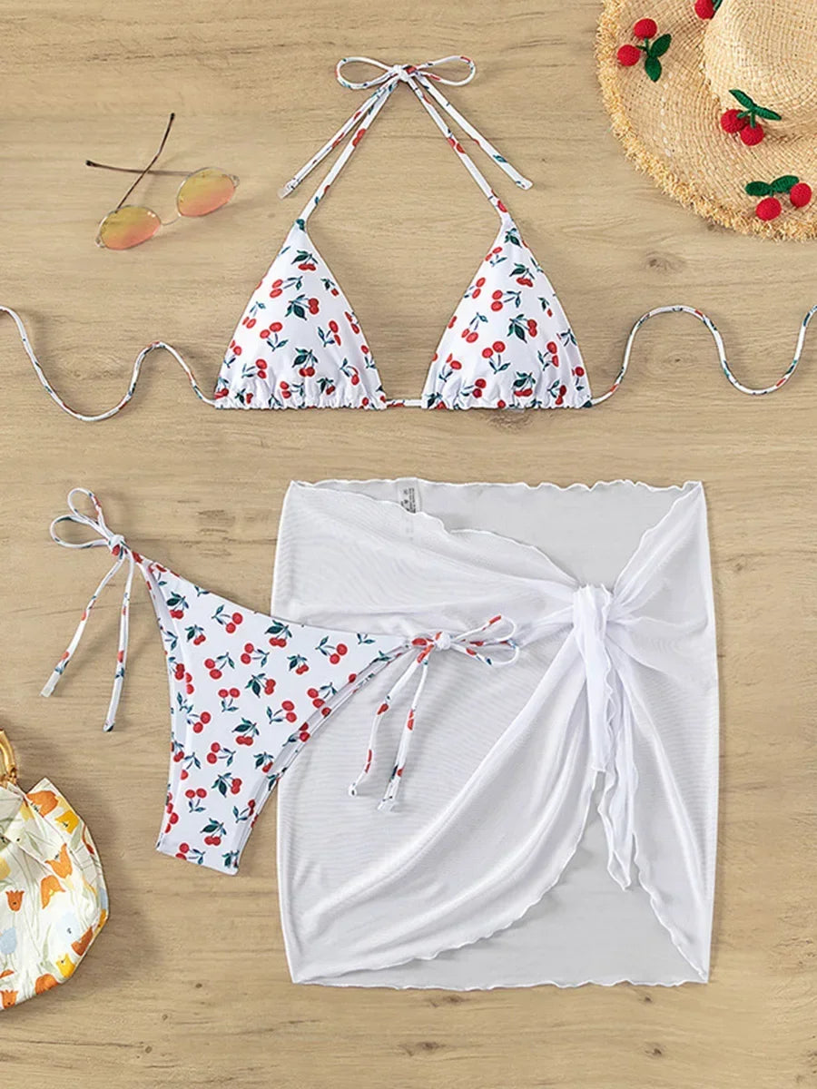 Cherry Print Bikini Set for Women – 3-Piece Swimsuit with Mesh Sarong Skirt