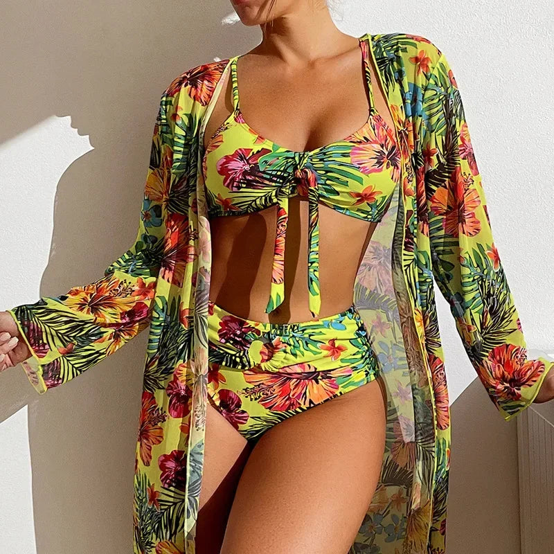 Sexy Women’s 3-Piece Bikini Set – Printed High-Waisted Swimwear with Cover-Up