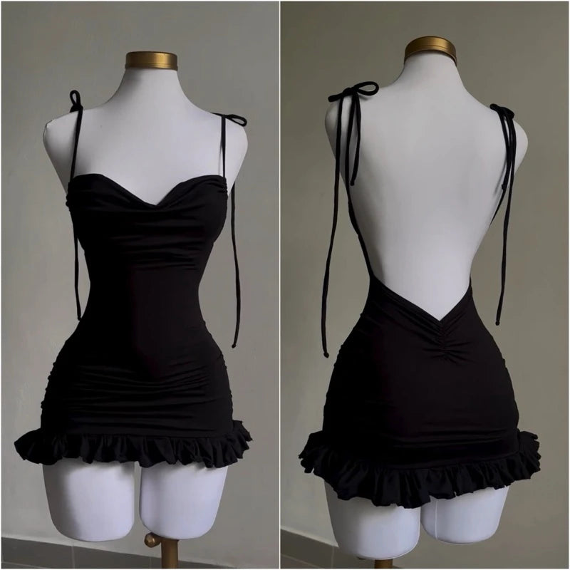 2025 High-End Y2K Lace-Up Open Back Mini Dress – Sexy Slim-Fit Short Skirt for Spicy Girl Aesthetic (European & American Style)