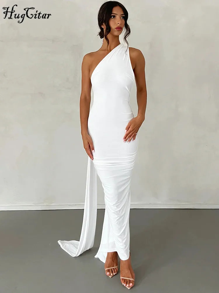 Hugcitar Y2K One-Shoulder Backless Maxi Dress – Ruched Festival & Streetwear Style with Adjustable Scarf Detail (2025)