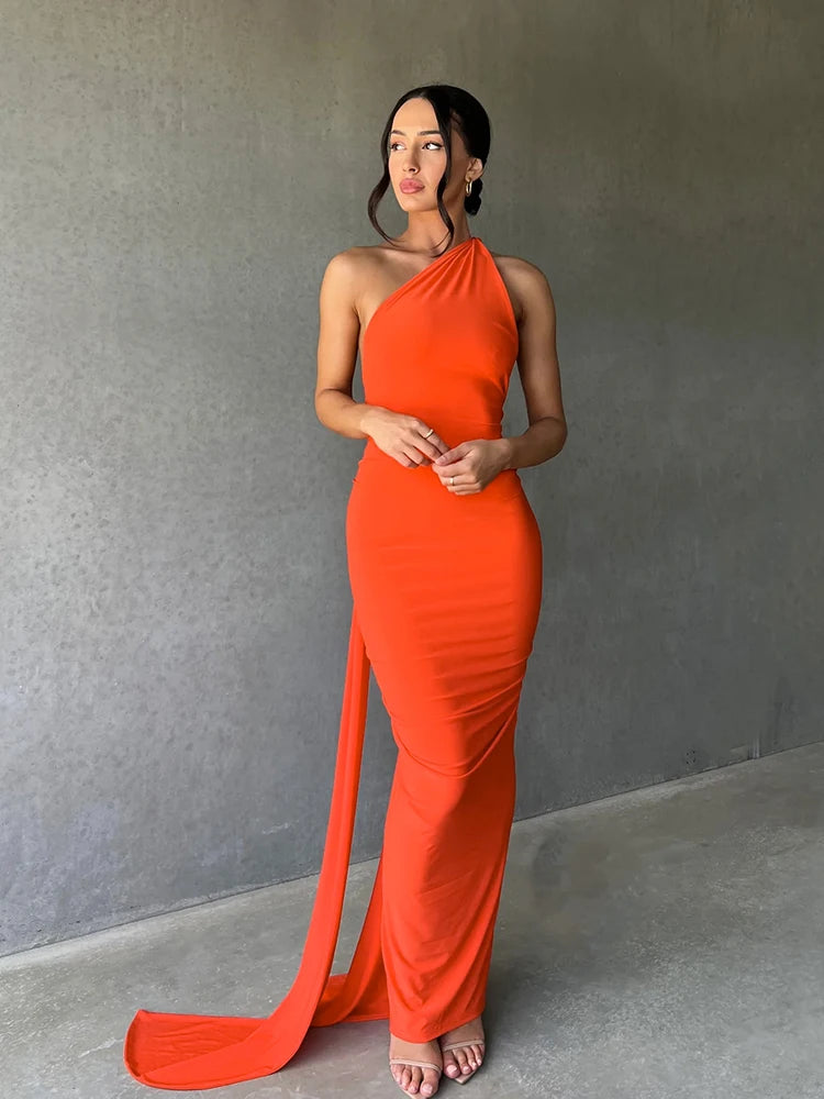 Hugcitar Y2K One-Shoulder Backless Maxi Dress – Ruched Festival & Streetwear Style with Adjustable Scarf Detail (2025)