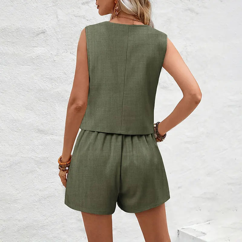 2025 Summer Women's 2-Piece Set – Elegant Sleeveless Waistcoat Vest & High-Waisted Slim Shorts