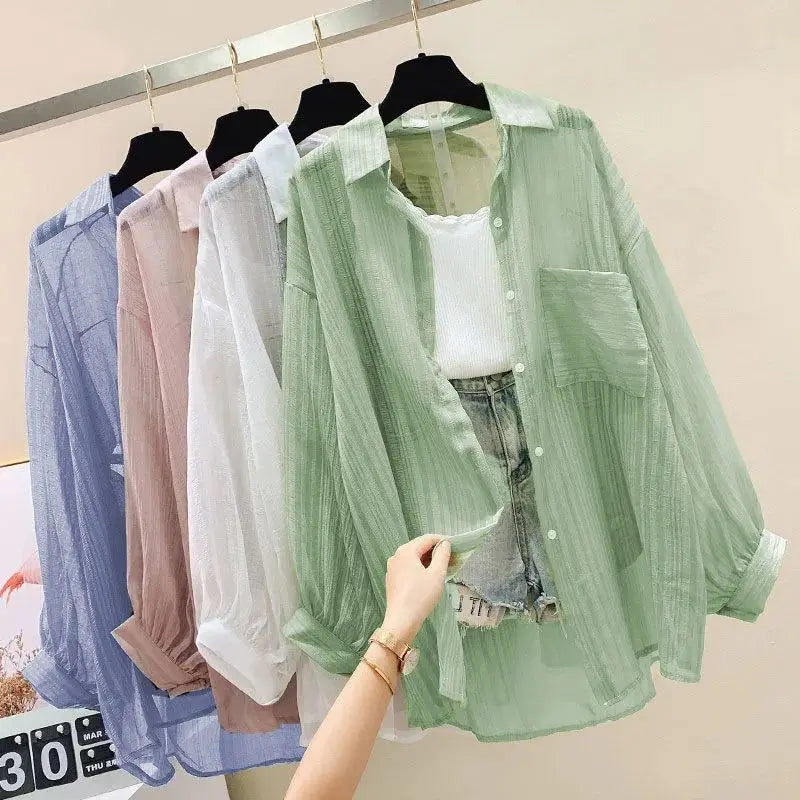 Women's Summer Chiffon Sunscreen Shirt – Sheer Loose-Fit Blouse | Elegant Korean Harajuku Style Cardigan Top