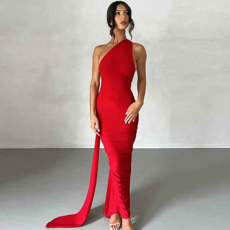 Hugcitar Y2K One-Shoulder Backless Maxi Dress – Ruched Festival & Streetwear Style with Adjustable Scarf Detail (2025)