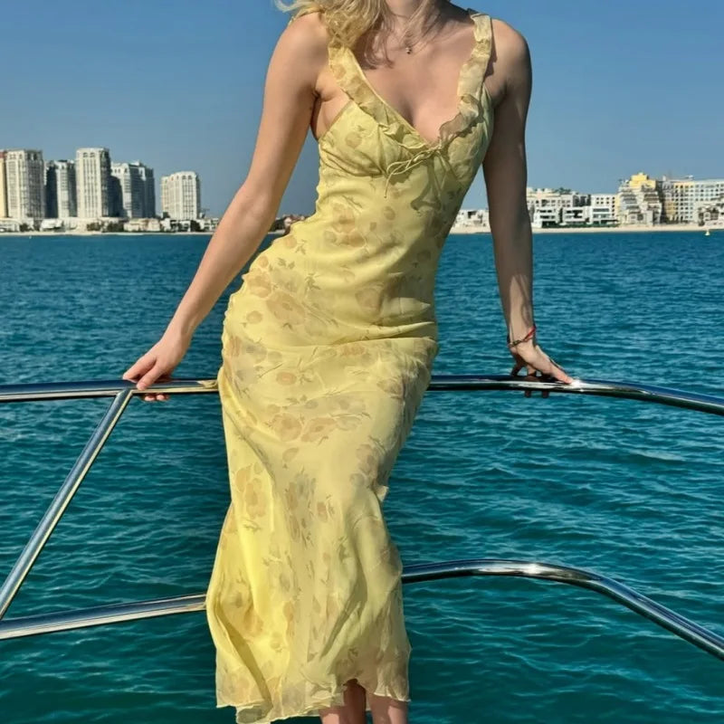 Cryptographic Summer Floral Plunge Maxi Dress – Backless Fairy-Inspired Vacation & Beach Outfit