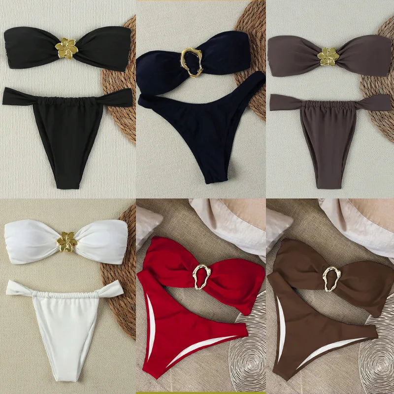 2025 Bold Bandeau Bikini Set – Push-Up Support with Brazilian Thong Bottom