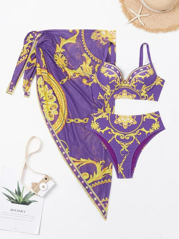 2025 New Women's Bikini Set – Printed Halter High-Waist 3-Piece Swimsuit with Beach Cover-Up