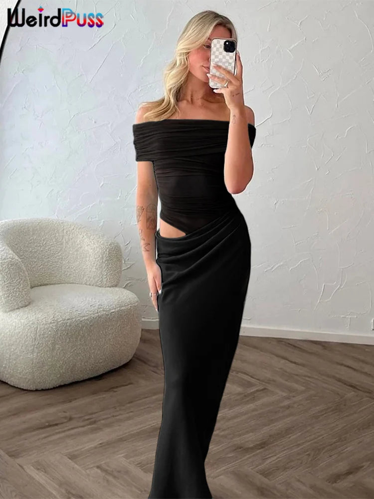 Weird Puss Women's Ruched Irregular Mesh Patchwork Dress – Slash Neck Short Sleeve Stretch Bodycon Maxi Dress