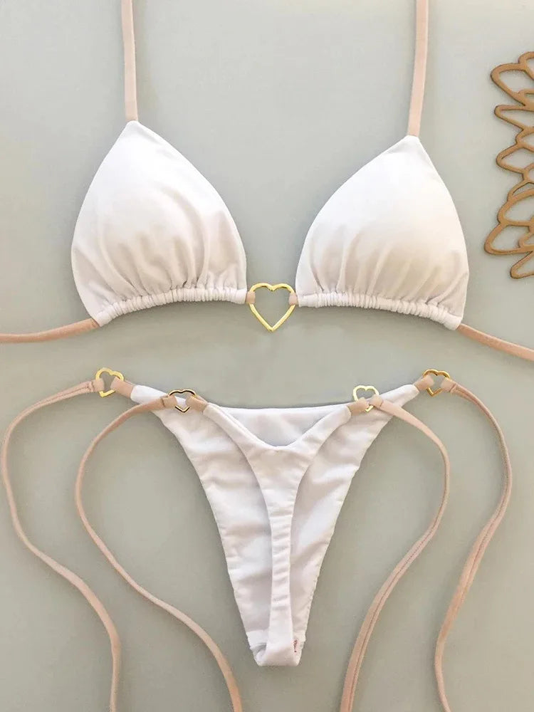 Fashionable Women’s White Bikini – Low-Rise Lace-Up Two-Piece Swimwear