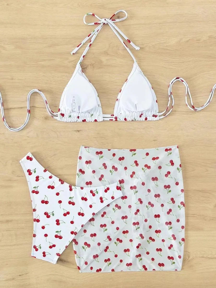 Cherry Print Bikini Set for Women – 3-Piece Swimsuit with Mesh Sarong Skirt