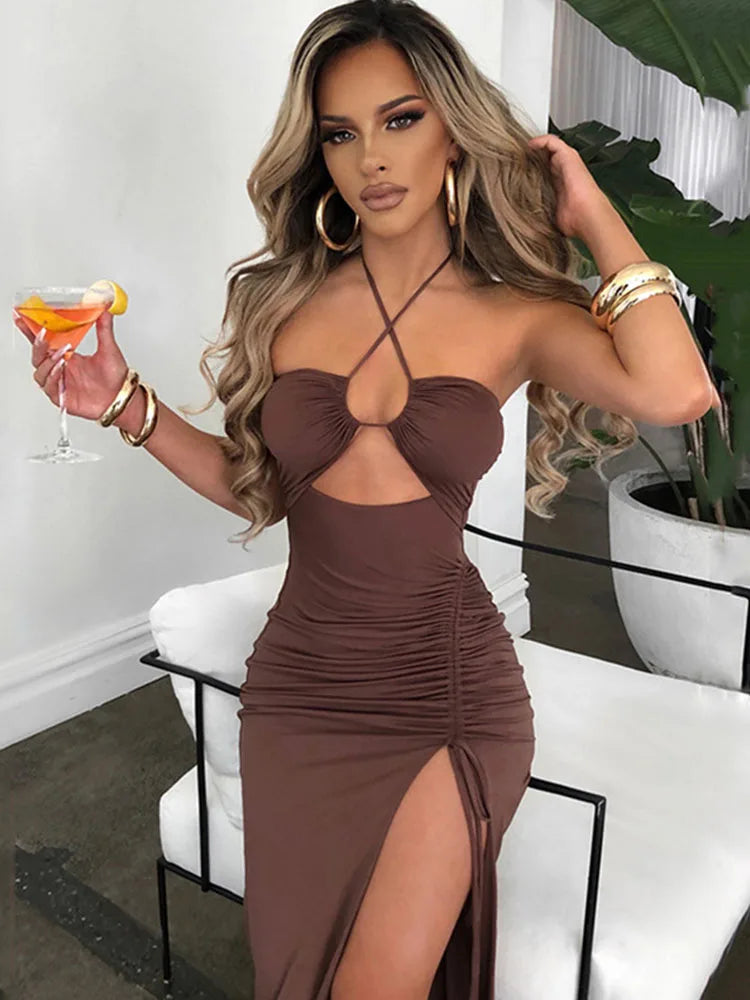 Elegant Sleeveless Backless Midi Dress – Slim Fit Bodycon Style for Women's Nightclub and Party Wear