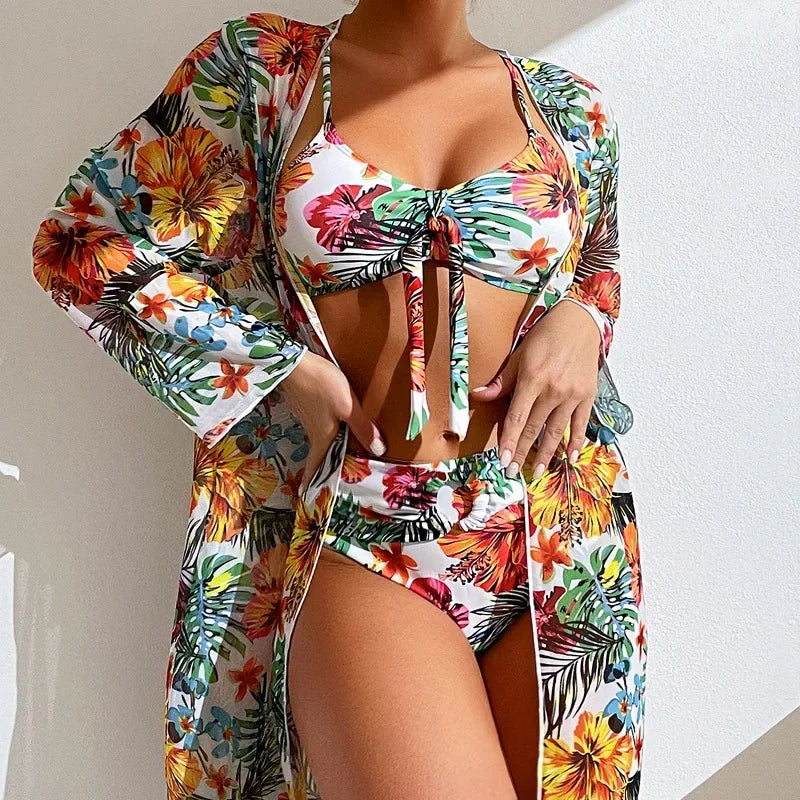 Sexy Women’s 3-Piece Bikini Set – Printed High-Waisted Swimwear with Cover-Up