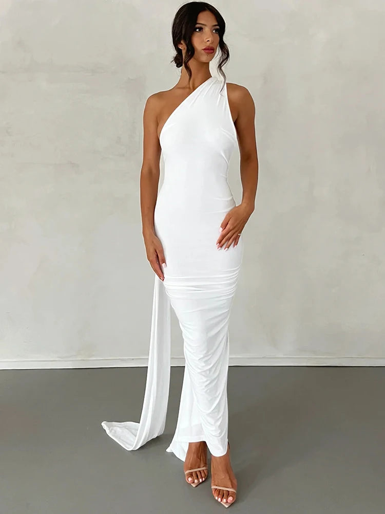 Hugcitar Y2K One-Shoulder Backless Maxi Dress – Ruched Festival & Streetwear Style with Adjustable Scarf Detail (2025)