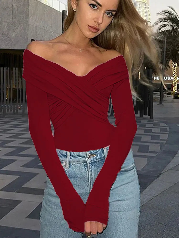 Women’s Spring Sexy Red Bodysuit – Backless Solid Corset Slim Fit with Crossed Detail, Long Sleeve Knitted Romper