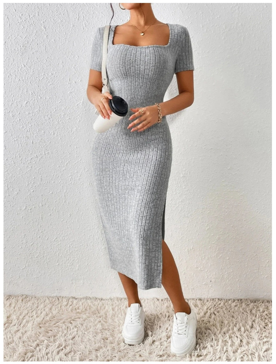 Elegant Knitted Dress for Women – Short Sleeve Square Collar Design with Flattering Side Slit, Perfect for Spring & Summer