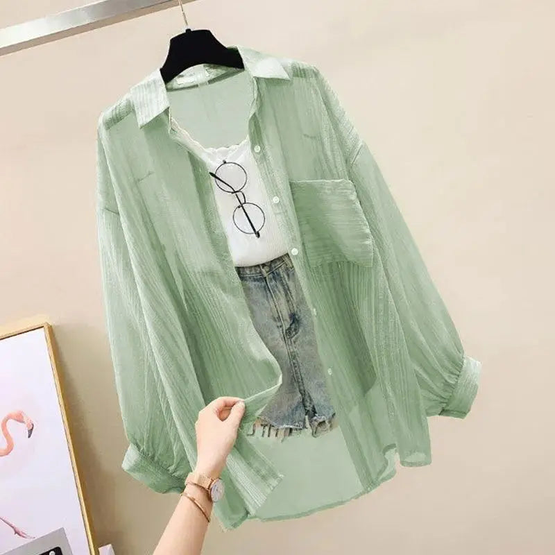Women's Summer Chiffon Sunscreen Shirt – Sheer Loose-Fit Blouse | Elegant Korean Harajuku Style Cardigan Top