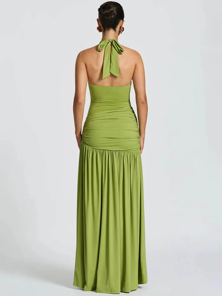 Mozision Elegant Backless Maxi Dress Set – Women’s Halter Bodysuit & Ruched Split Maxi Skirt Matching Set