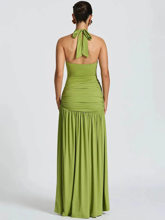 Mozision Elegant Backless Maxi Dress Set – Women’s Halter Bodysuit & Ruched Split Maxi Skirt Matching Set