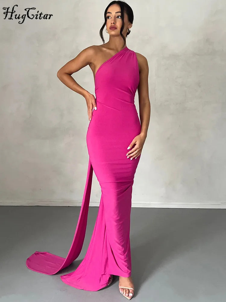 Hugcitar Y2K One-Shoulder Backless Maxi Dress – Ruched Festival & Streetwear Style with Adjustable Scarf Detail (2025)