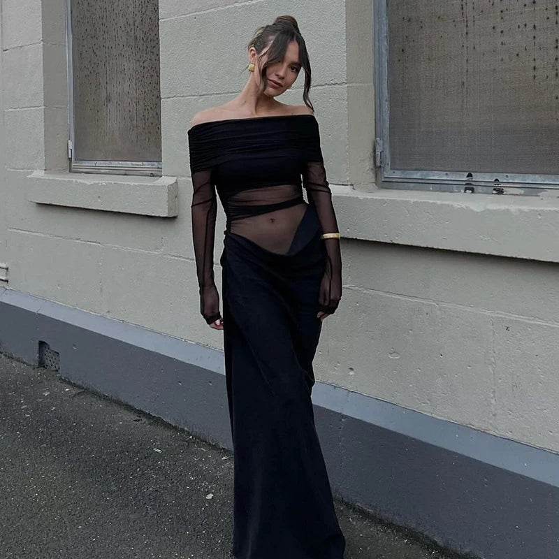 Y2K Vibes for Summer 2025 – Off-Shoulder Mesh Bodycon Dress with Ruched Details, Sheer Patchwork & Sexy Wrap Hip Fit