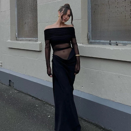 Y2K Vibes for Summer 2025 – Off-Shoulder Mesh Bodycon Dress with Ruched Details, Sheer Patchwork & Sexy Wrap Hip Fit