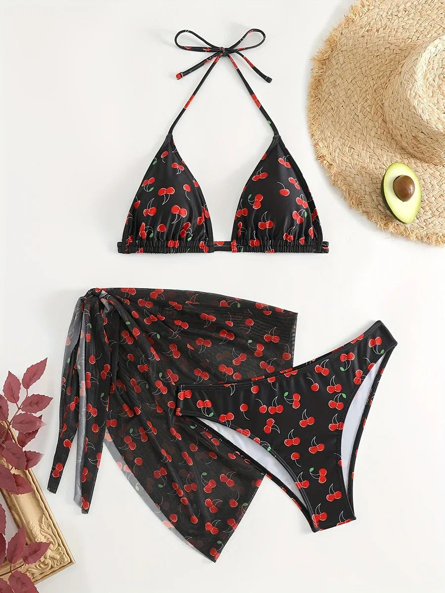 Cherry Print Bikini Set for Women – 3-Piece Swimsuit with Mesh Sarong Skirt