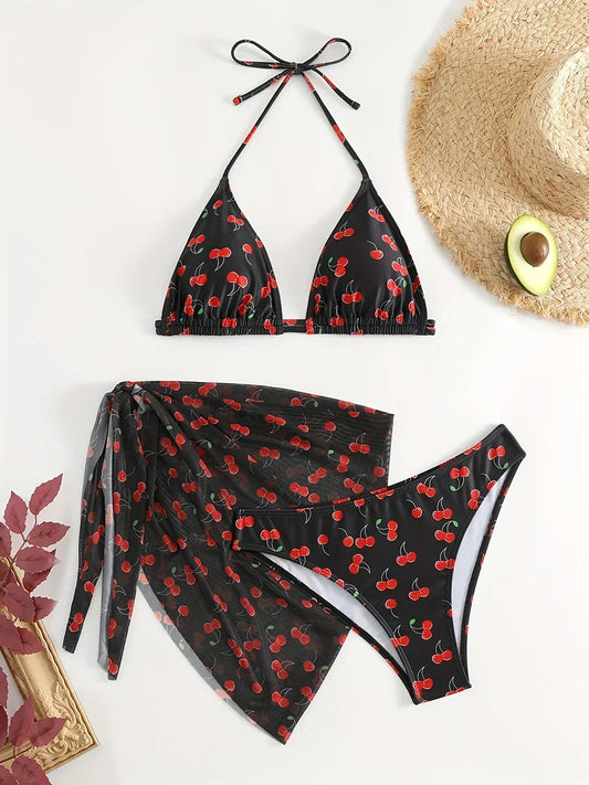 Cherry Print Bikini Set for Women – 3-Piece Swimsuit with Mesh Sarong Skirt