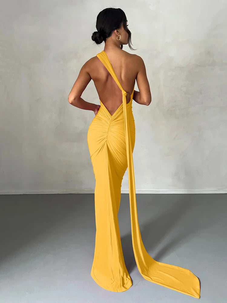 Hugcitar Y2K One-Shoulder Backless Maxi Dress – Ruched Festival & Streetwear Style with Adjustable Scarf Detail (2025)