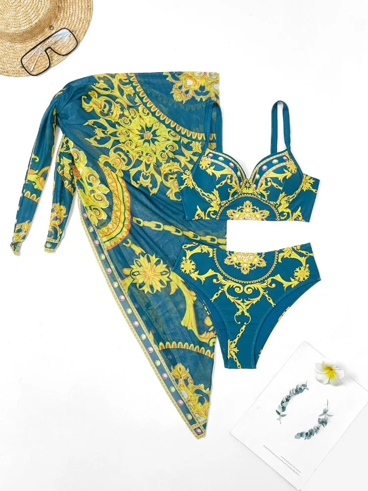 2025 New Women's Bikini Set – Printed Halter High-Waist 3-Piece Swimsuit with Beach Cover-Up