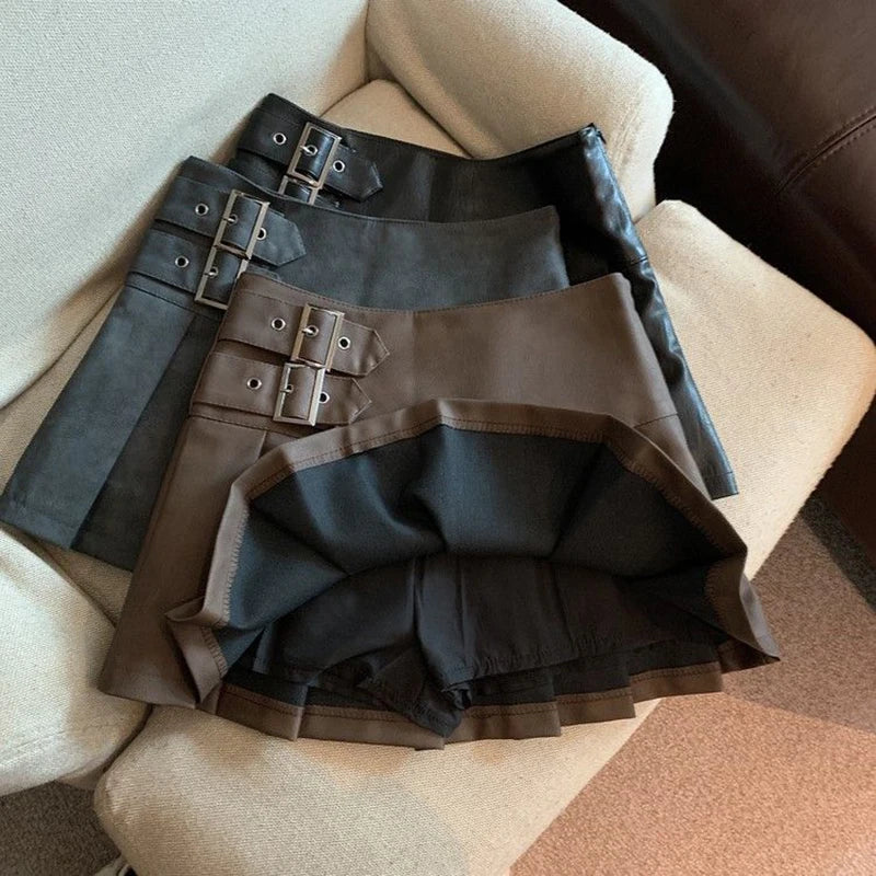 MEXZT Y2K High-Waisted PU Leather Pleated Mini Skirt – Vintage Korean Streetwear A-Line Style for Women, Sizes S–3XL