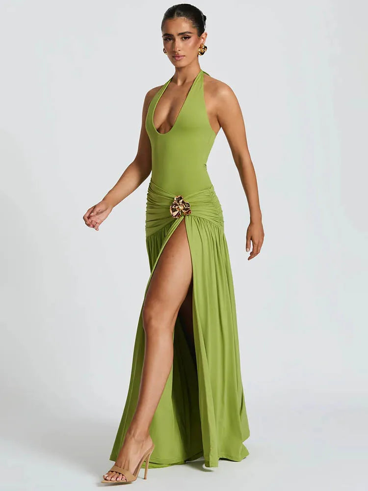 Mozision Elegant Backless Maxi Dress Set – Women’s Halter Bodysuit & Ruched Split Maxi Skirt Matching Set