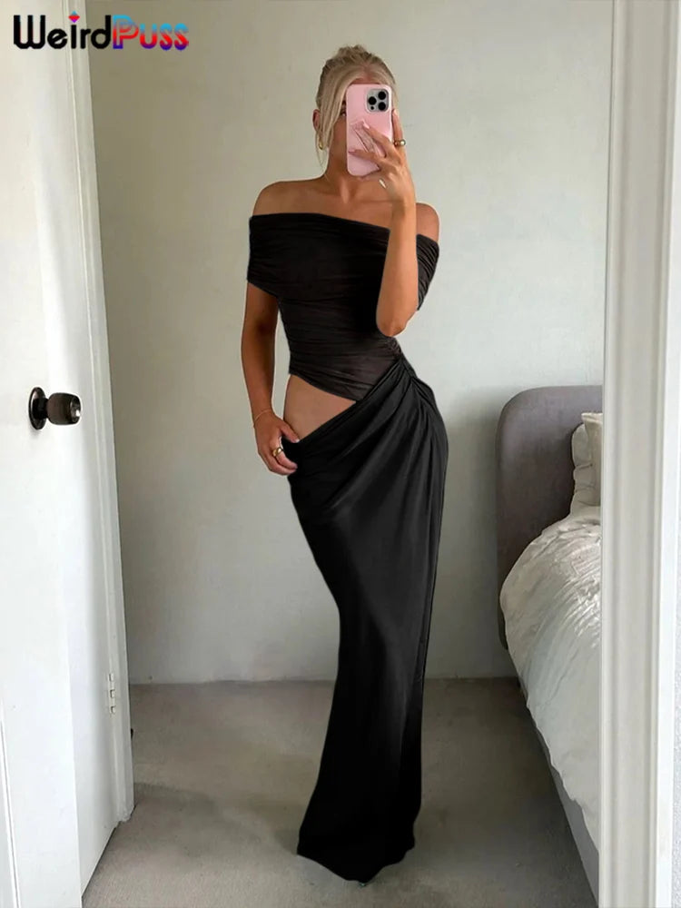 Weird Puss Women's Ruched Irregular Mesh Patchwork Dress – Slash Neck Short Sleeve Stretch Bodycon Maxi Dress