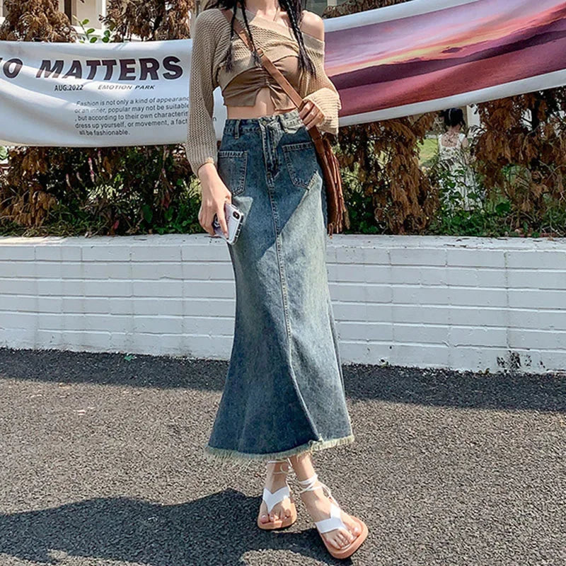 Women's Retro High-Waisted Fishtail Denim Skirt – Long Hip-Hugging Street Style with Fringe Detail for Summer Casual Looks