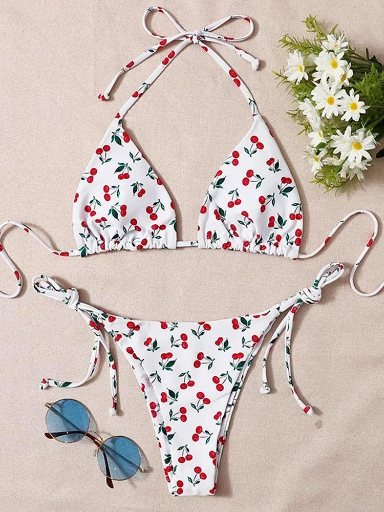Cherry Print Bikini Set for Women – 3-Piece Swimsuit with Mesh Sarong Skirt