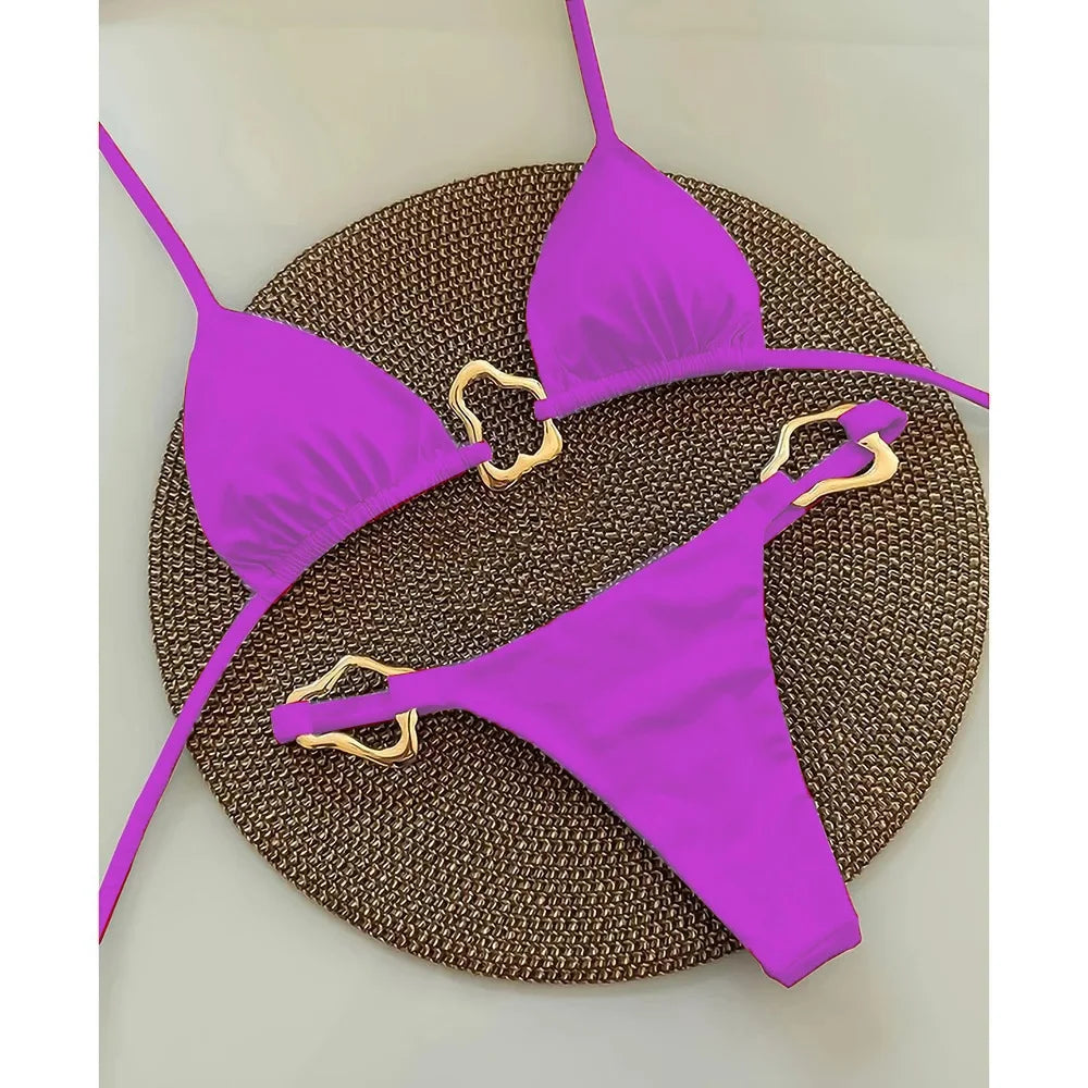 New Sexy Lace-Up Bikini – Solid Color Two-Piece Swimsuit for Women