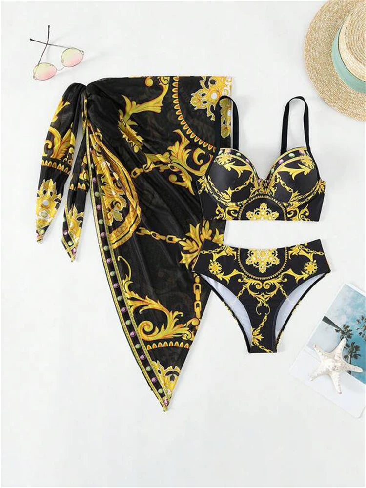 2025 New Women's Bikini Set – Printed Halter High-Waist 3-Piece Swimsuit with Beach Cover-Up