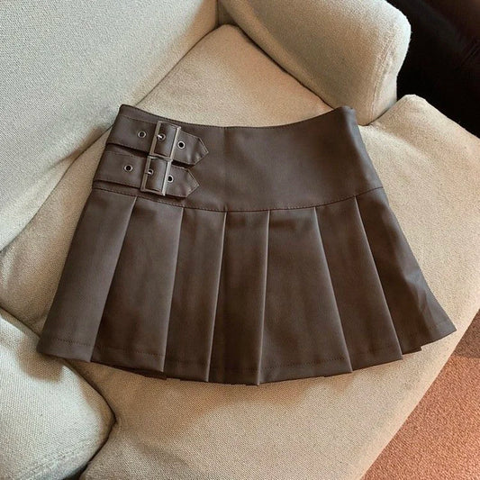 MEXZT Y2K High-Waisted PU Leather Pleated Mini Skirt – Vintage Korean Streetwear A-Line Style for Women, Sizes S–3XL