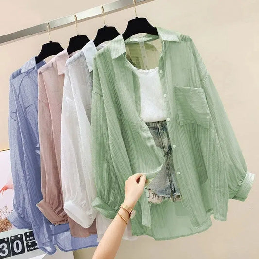 Women's Summer Chiffon Sunscreen Shirt – Sheer Loose-Fit Blouse | Elegant Korean Harajuku Style Cardigan Top