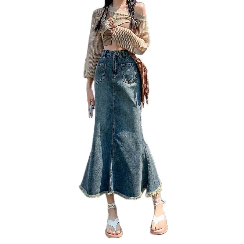 Women's Retro High-Waisted Fishtail Denim Skirt – Long Hip-Hugging Street Style with Fringe Detail for Summer Casual Looks