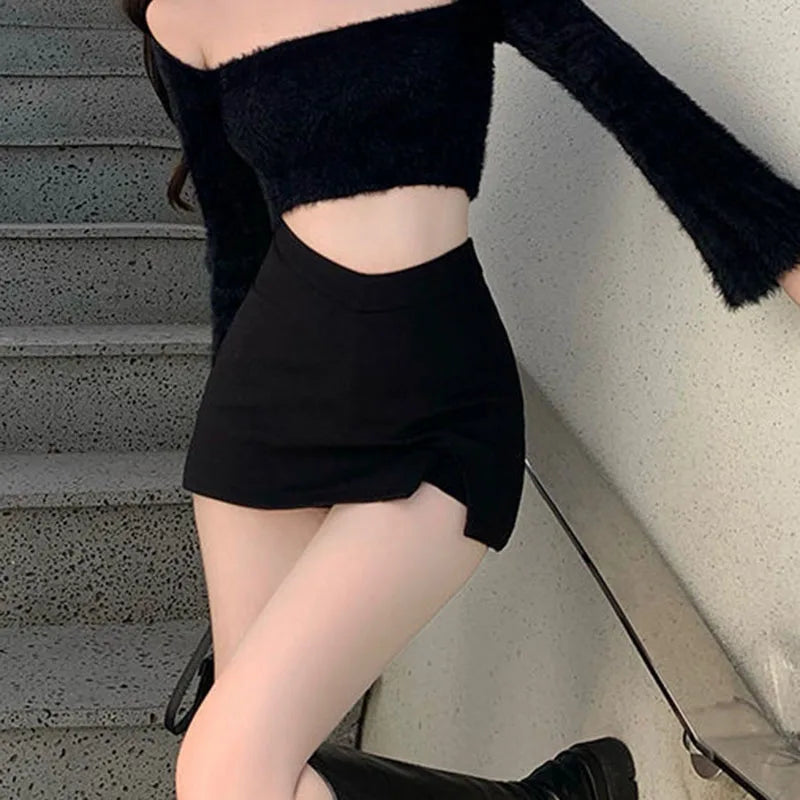 Women's Black High-Waist Split Mini Skirt – Summer Sexy Slim A-Line Slit Skirt for Club, Party, and Streetwear