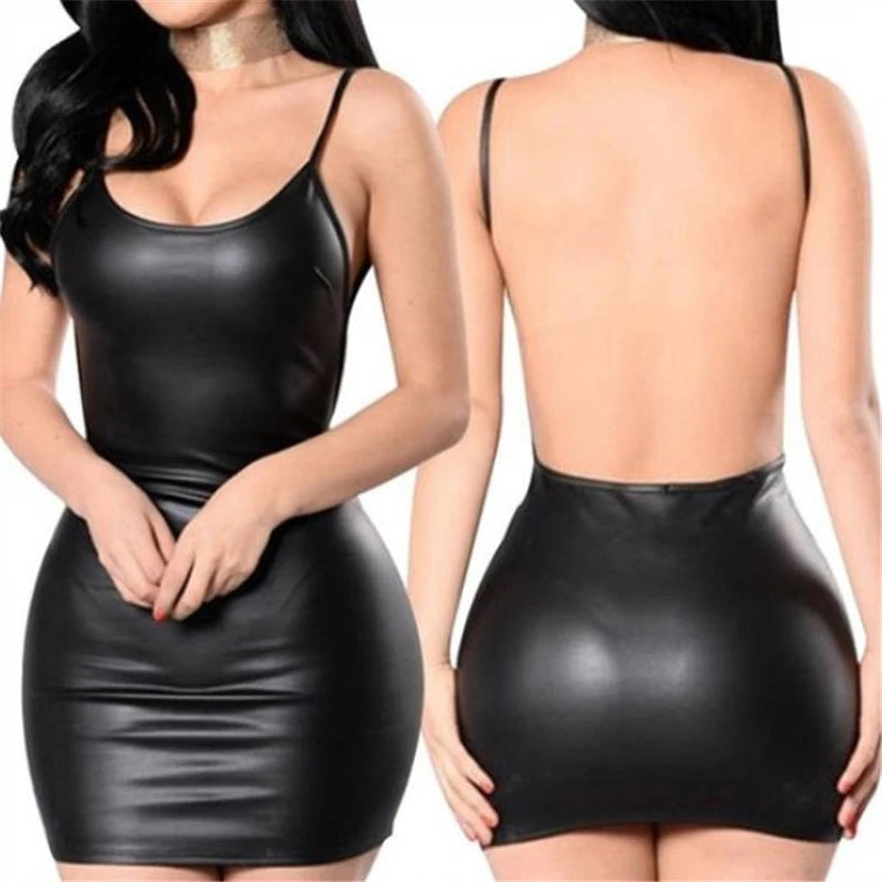 Faux Leather Backless Mini Dress – Sexy Black Wet Look Bodycon Clubwear with Push-Up Bust Detail