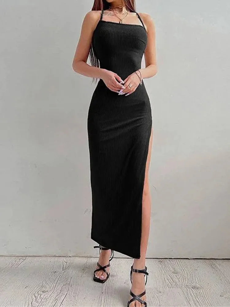 Elegant Black Halter Bodycon Dress – Sleeveless Backless Maxi with Spaghetti Straps and Side Split for Summer Nights