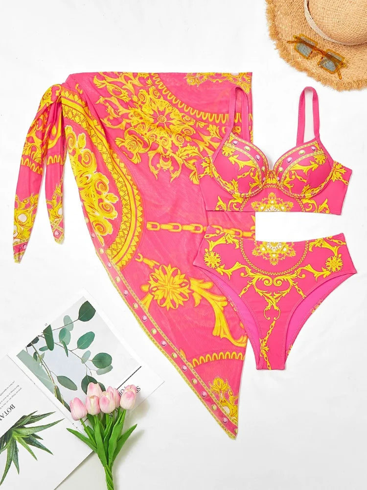 2025 New Women's Bikini Set – Printed Halter High-Waist 3-Piece Swimsuit with Beach Cover-Up