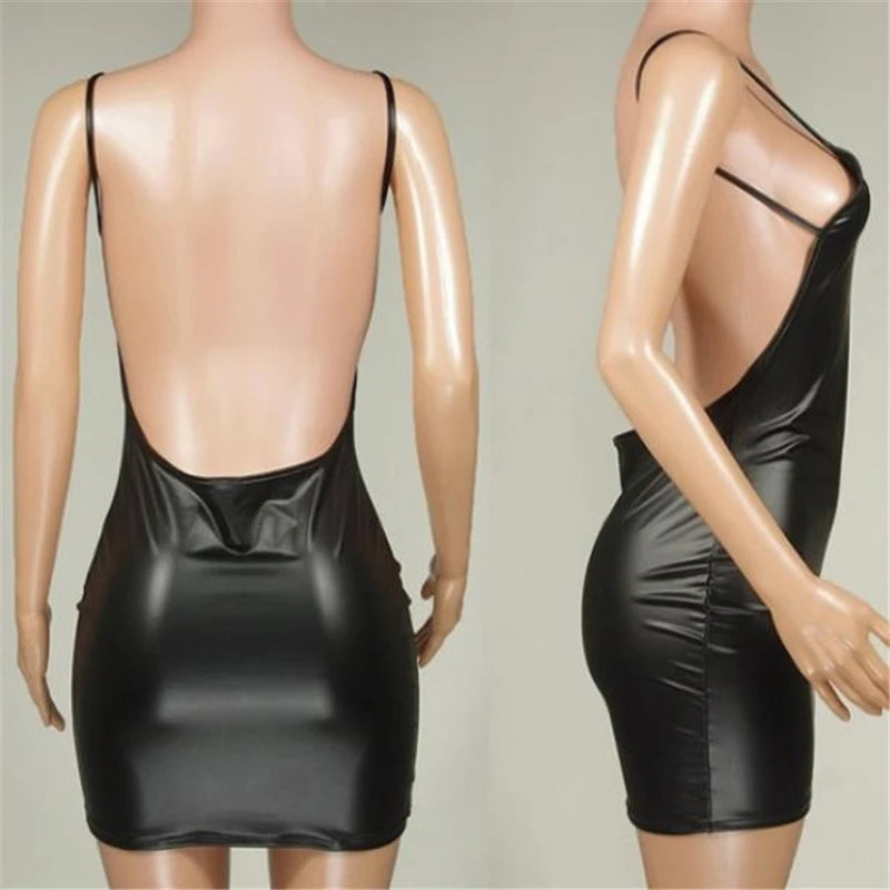 Faux Leather Backless Mini Dress – Sexy Black Wet Look Bodycon Clubwear with Push-Up Bust Detail