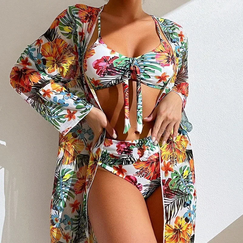 Sexy Women’s 3-Piece Bikini Set – Printed High-Waisted Swimwear with Cover-Up