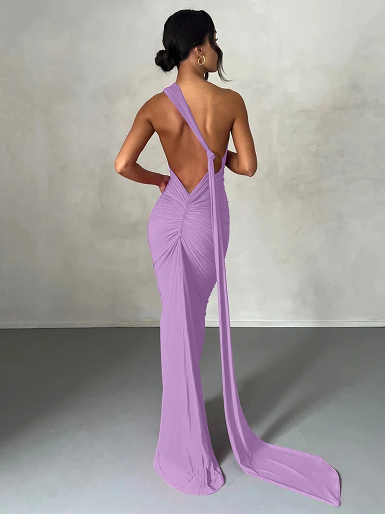 Hugcitar Y2K One-Shoulder Backless Maxi Dress – Ruched Festival & Streetwear Style with Adjustable Scarf Detail (2025)