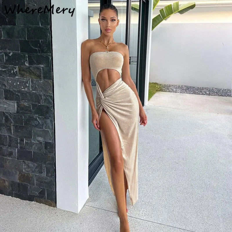 WhereMery Women's Elegant Sleeveless Slit Dress – Summer 2025 Hollow-Out Bodycon Maxi Dress for Party & Clubwear