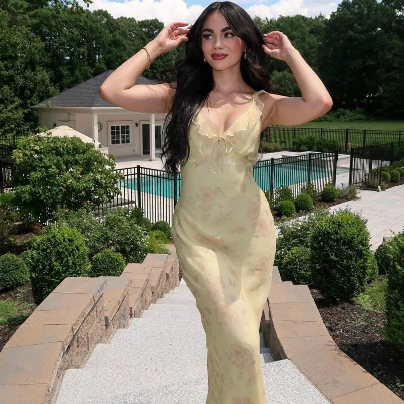 Cryptographic Summer Floral Plunge Maxi Dress – Backless Fairy-Inspired Vacation & Beach Outfit
