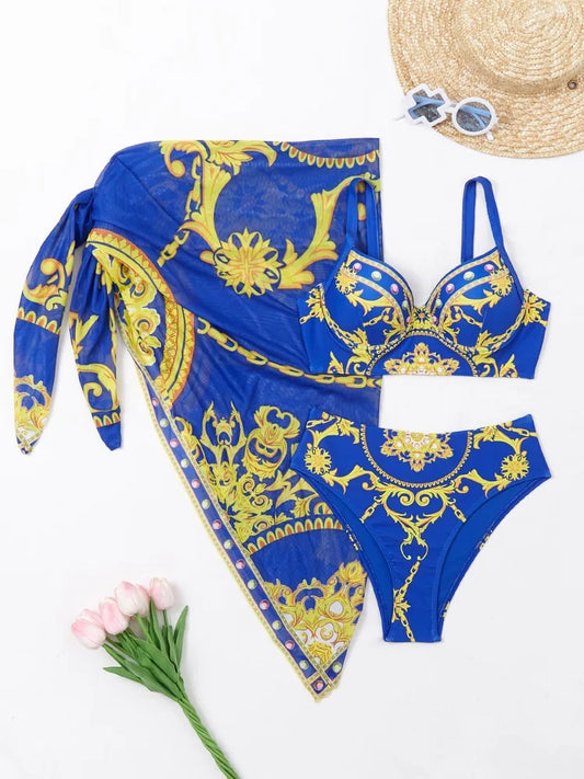 2025 New Women's Bikini Set – Printed Halter High-Waist 3-Piece Swimsuit with Beach Cover-Up