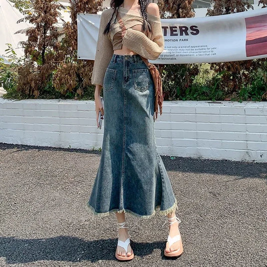 Women's Retro High-Waisted Fishtail Denim Skirt – Long Hip-Hugging Street Style with Fringe Detail for Summer Casual Looks